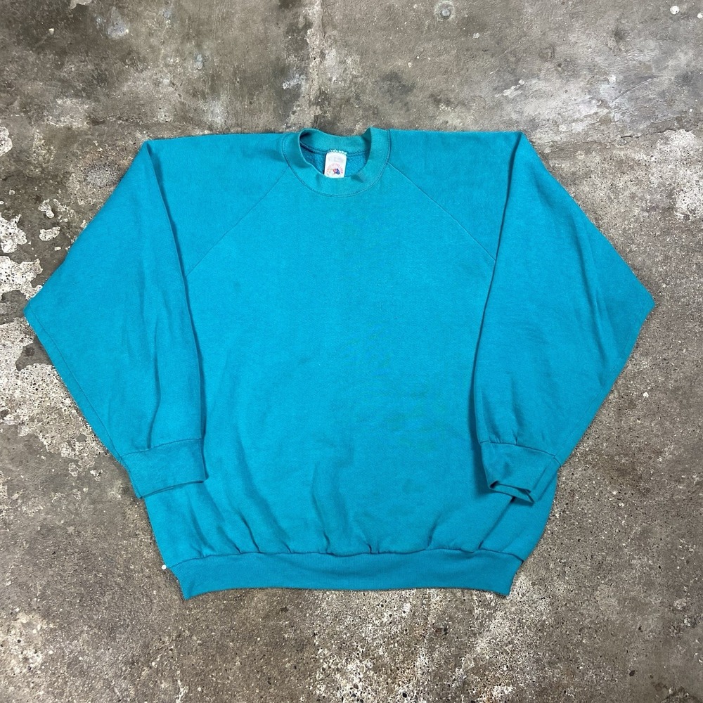 Vintage 80s Fruit Of The Loom Raglan Sweatshirt Size Large Blue Crew Pullover